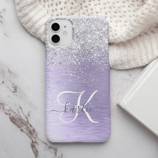 Purple Brushed Metal Silver Glitter Monogram Name iPhone 13 Mini Case