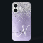 Purple Brushed Metal Silver Glitter Monogram Name iPhone 16 Case<br><div class="desc">Easily personalise this trendy chic phone case design featuring pretty silver sparkling glitter on a purple brushed metallic background.</div>