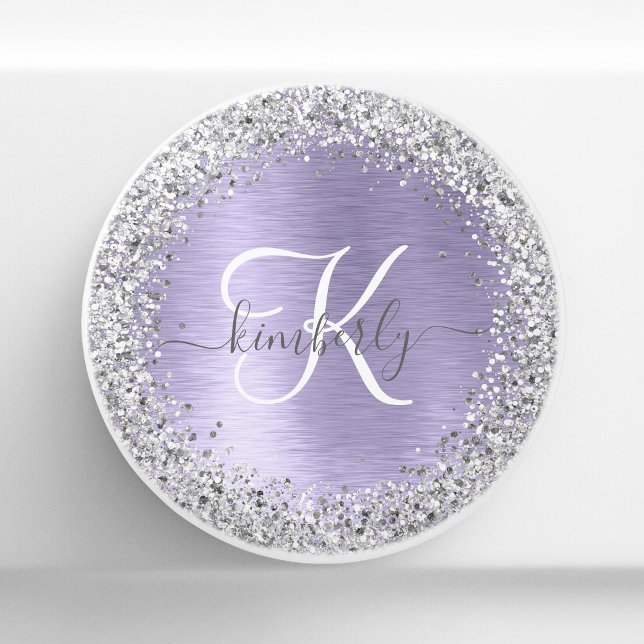 Purple Brushed Metal Silver Glitter Monogram Name Ceramic Knob (Creator Uploaded)