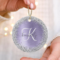 Purple Brushed Metal Silver Glitter Monogram Name