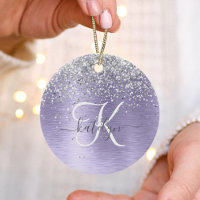 Purple Brushed Metal Silver Glitter Monogram Name