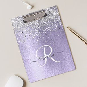 Purple Brushed Metal Silver Glitter Monogram Name Clipboard