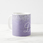 Purple Brushed Metal Silver Glitter Monogram Name Coffee Mug (Front Left)