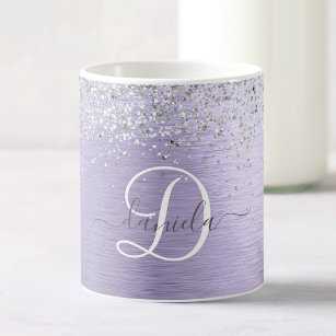 Purple Brushed Metal Silver Glitter Monogram Name Coffee Mug