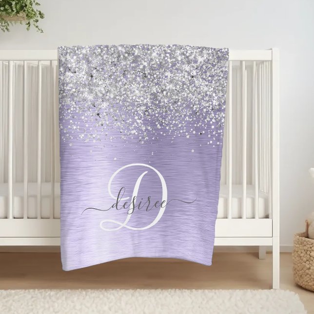 Purple Brushed Metal Silver Glitter Monogram Name Fleece Blanket (Creator Uploaded)