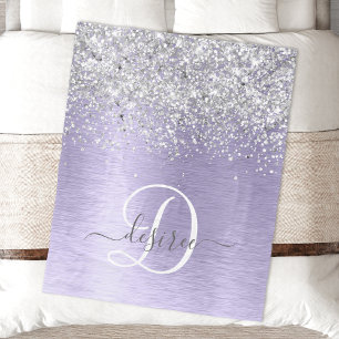Purple Brushed Metal Silver Glitter Monogram Name Fleece Blanket