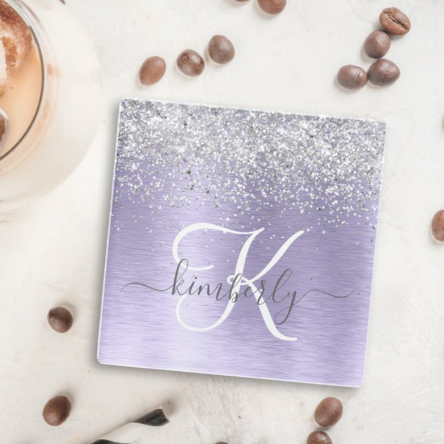 Purple Brushed Metal Silver Glitter Monogram Name Glass Coaster (Creator Uploaded)