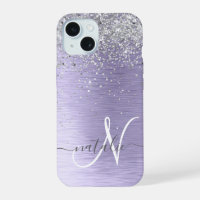 Purple Brushed Metal Silver Glitter Monogram Name