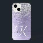 Purple Brushed Metal Silver Glitter Monogram Name iPhone 14 Case<br><div class="desc">Easily personalise this trendy chic phone case design featuring pretty silver sparkling glitter on a purple brushed metallic background.</div>