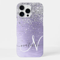 Purple Brushed Metal Silver Glitter Monogram Name