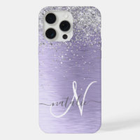 Purple Brushed Metal Silver Glitter Monogram Name