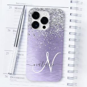 Purple Brushed Metal Silver Glitter Monogram Name iPhone 14 Pro Case
