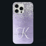 Purple Brushed Metal Silver Glitter Monogram Name iPhone 15 Pro Max Case<br><div class="desc">Easily personalise this trendy chic phone case design featuring pretty silver sparkling glitter on a purple brushed metallic background.</div>