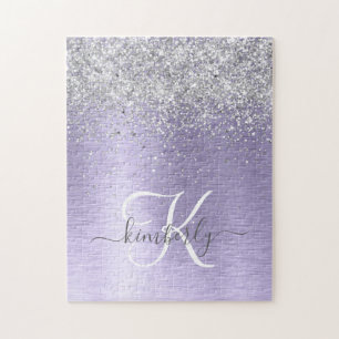 Purple Brushed Metal Silver Glitter Monogram Name Jigsaw Puzzle