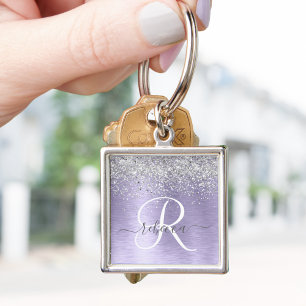 Purple Brushed Metal Silver Glitter Monogram Name Key Ring