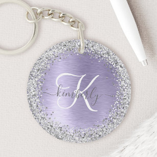 Purple Brushed Metal Silver Glitter Monogram Name Key Ring