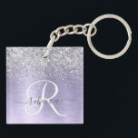 Purple Brushed Metal Silver Glitter Monogram Name Key Ring<br><div class="desc">Easily personalise this trendy chic keychain design featuring pretty silver sparkling glitter on a purple brushed metallic background.</div>