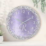 Purple Brushed Metal Silver Glitter Monogram Name Large Clock<br><div class="desc">Easily personalise this trendy chic wall clock design featuring pretty silver sparkling glitter on a purple brushed metallic background.</div>