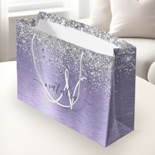 Purple Brushed Metal Silver Glitter Monogram Name Large Gift Bag