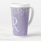 Purple Brushed Metal Silver Glitter Monogram Name Latte Mug (Right Angle)