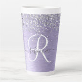 Purple Brushed Metal Silver Glitter Monogram Name Latte Mug (Front)