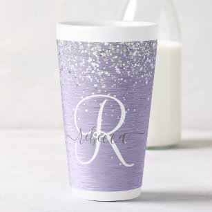 Purple Brushed Metal Silver Glitter Monogram Name Latte Mug