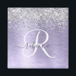 Purple Brushed Metal Silver Glitter Monogram Name Magnet<br><div class="desc">Easily personalise this trendy chic magnet design featuring pretty silver sparkling glitter on a purple brushed metallic background.</div>