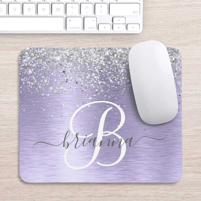 Purple Brushed Metal Silver Glitter Monogram Name Mouse Pad (Creator Uploaded)