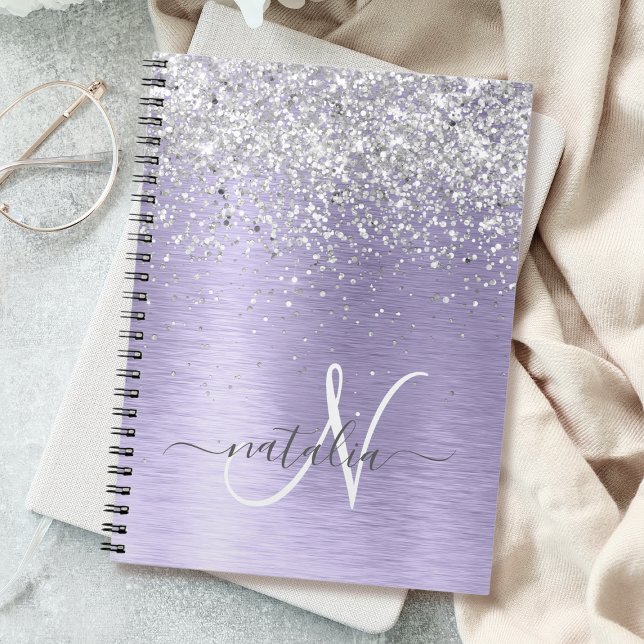 Purple Brushed Metal Silver Glitter Monogram Name Notebook (Creator Uploaded)