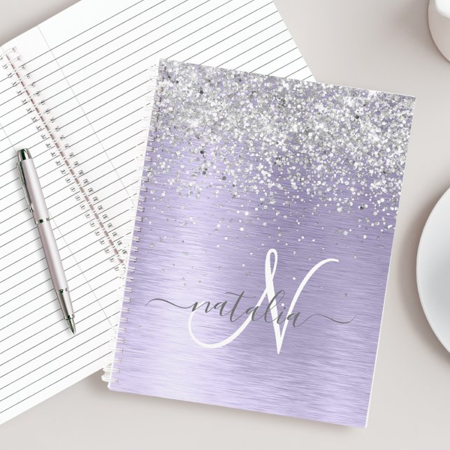 Purple Brushed Metal Silver Glitter Monogram Name Notebook (Creator Uploaded)