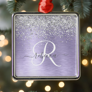  Purple Brushed Metal Silver Glitter Monogram Name Ornament