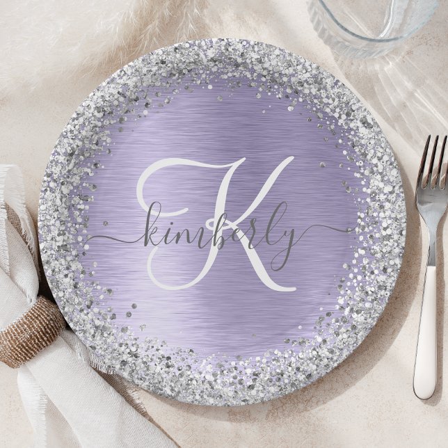 Purple Brushed Metal Silver Glitter Monogram Name Paper Plate (Creator Uploaded)