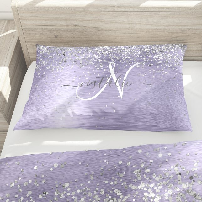 Purple Brushed Metal Silver Glitter Monogram Name Pillowcase (Creator Uploaded)
