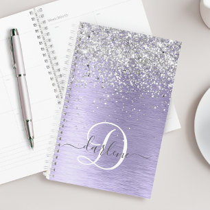 Purple Brushed Metal Silver Glitter Monogram Name Planner