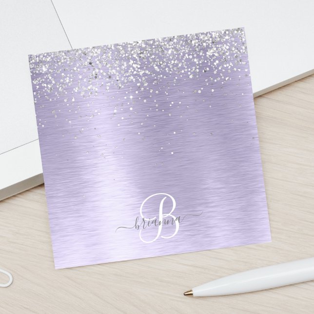 Purple Brushed Metal Silver Glitter Monogram Name Post-it Notes (Creator Uploaded)