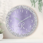 Purple Brushed Metal Silver Glitter Monogram Name Round Clock<br><div class="desc">Easily personalise this trendy chic wall clock design featuring pretty silver sparkling glitter on a purple brushed metallic background.</div>