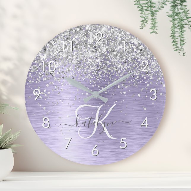 Purple Brushed Metal Silver Glitter Monogram Name Round Clock (Creator Uploaded)