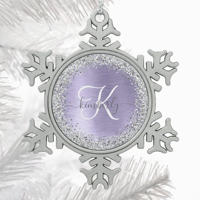Purple Brushed Metal Silver Glitter Monogram Name Snowflake Pewter Christmas Ornament (Creator Uploaded)