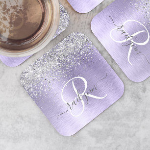 Purple Brushed Metal Silver Glitter Monogram Name Square Paper Coaster