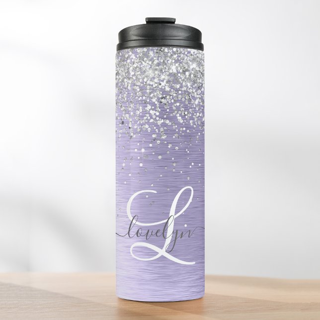 Purple Brushed Metal Silver Glitter Monogram Name Thermal Tumbler (Creator Uploaded)