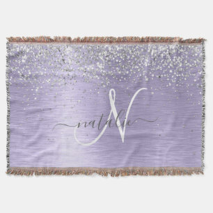 Purple Brushed Metal Silver Glitter Monogram Name Throw Blanket