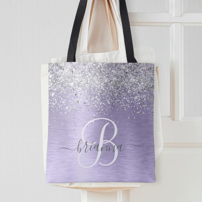 Purple Brushed Metal Silver Glitter Monogram Name Tote Bag (Creator Uploaded)