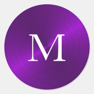 Purple Brushed Metallic Monogram Initial Classic Round Sticker