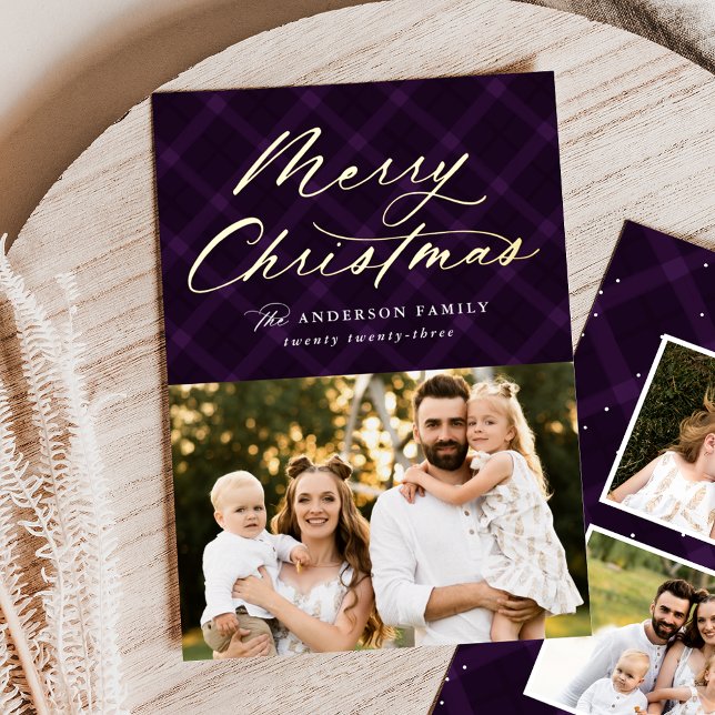 Purple Brushed Plaid Gold Foil Photo Foil Holiday Card (Creator Uploaded)
