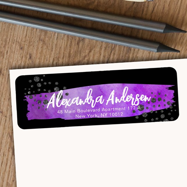 Purple Brushstroke Glitter Dots Return Address Label (Creator Uploaded)