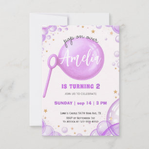 Purple Bubble Pop On Over Birthday Invitation for