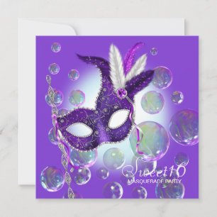 Purple Bubbles Purple Sweet Sixteen Masquerade Invitation