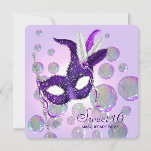 Purple Bubbles Purple Sweet Sixteen Masquerade Invitation (Front)