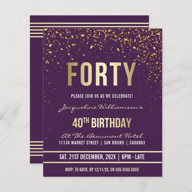 Purple | Budget Gold Confetti 40th Birthday Party (Front/Back)