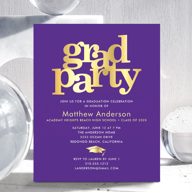 Purple budget gold grad cap modern party invite (Creator Uploaded)